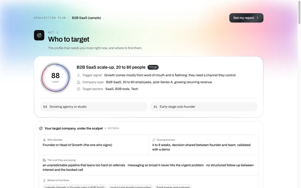 Preview of an acquisition plan: scored ICP, target company and competitors