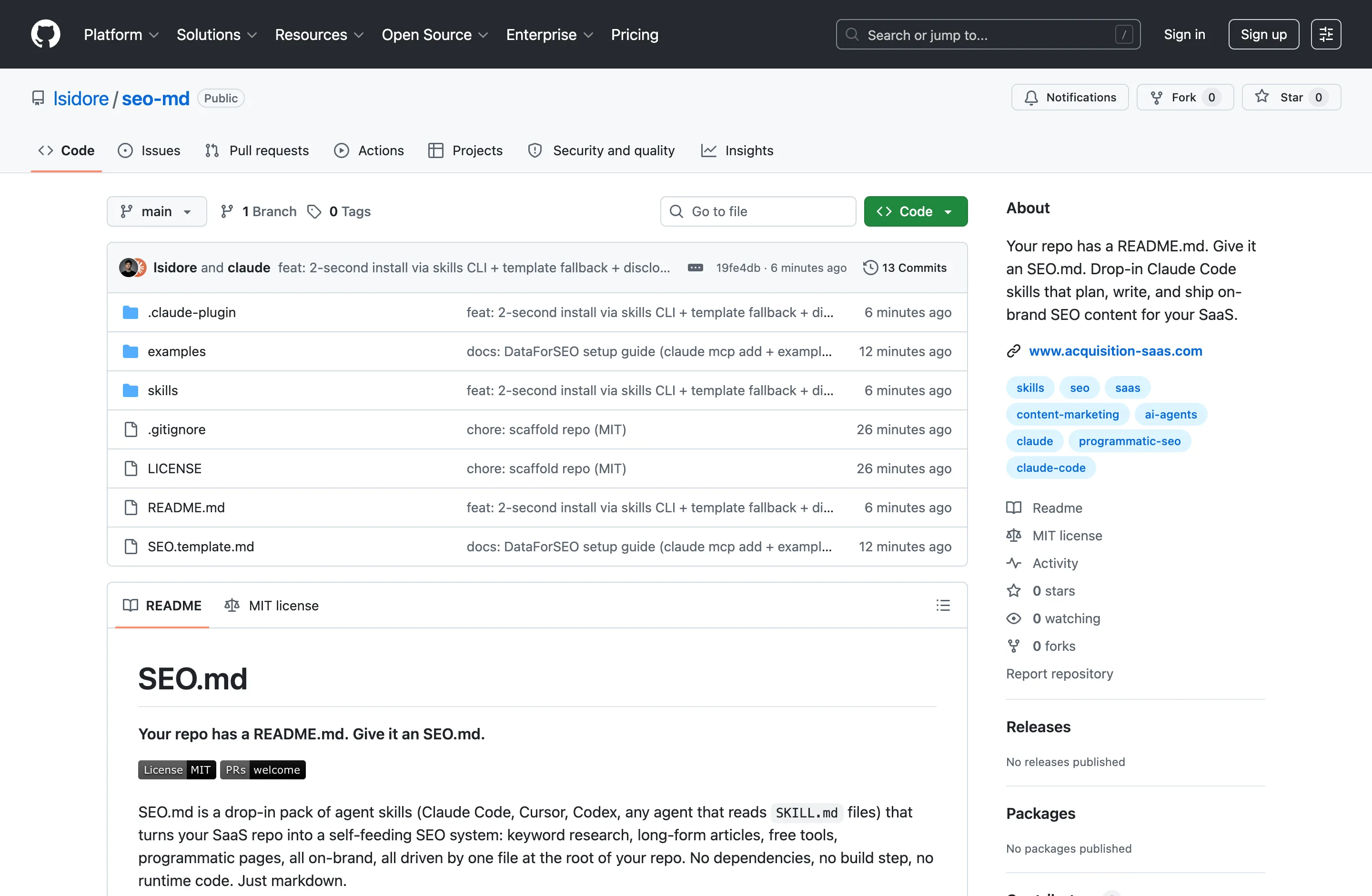 The open-source SEO.md GitHub repo with its six skills and strategy file