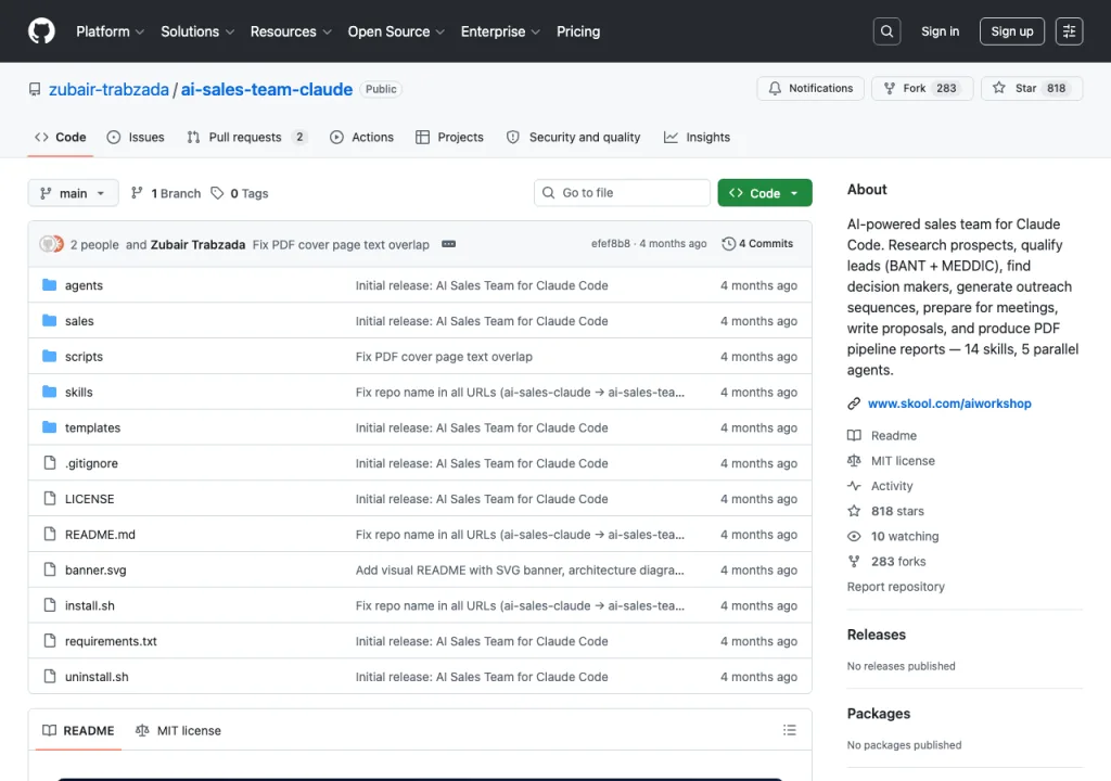 The ai-sales-team GitHub repo, an AI sales team inside Claude Code
