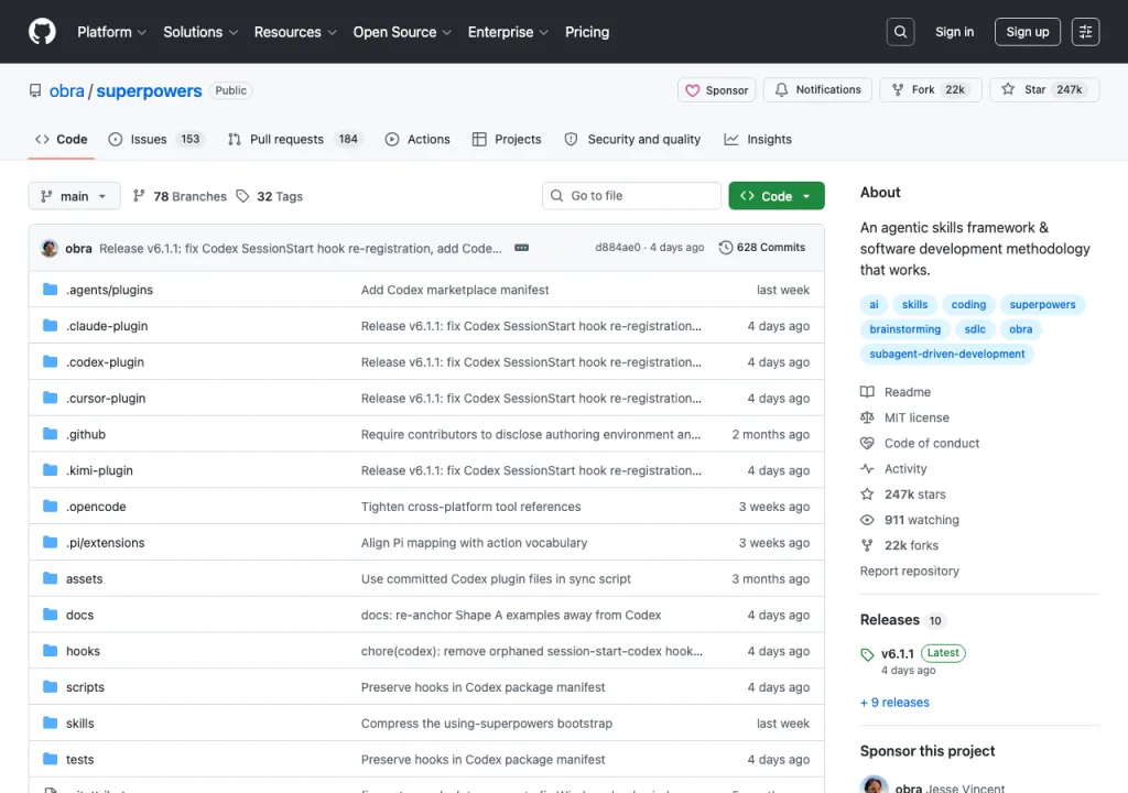 The superpowers GitHub repo, an agentic development methodology