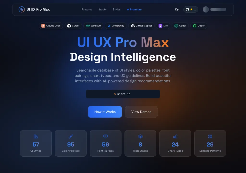 The UI UX Pro Max landing page, a design intelligence engine for AI agents